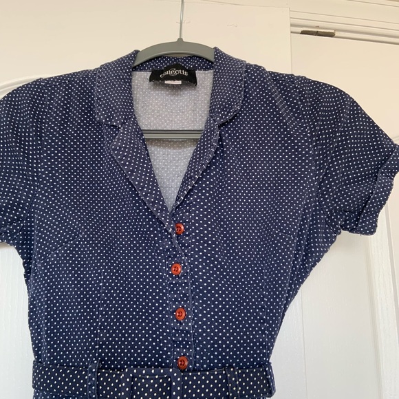 Collectif Dark Blue and White Polka Dot Shirt Dess - Picture 5 of 6